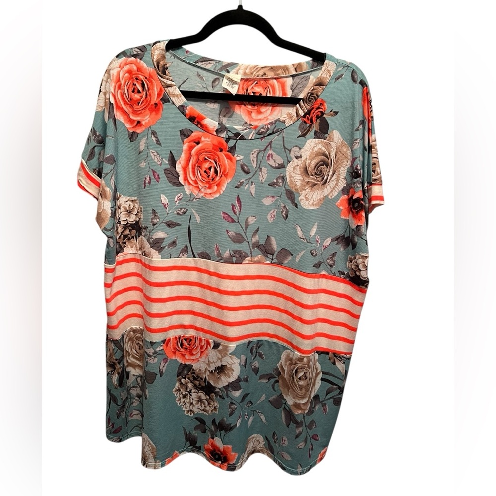 Sew In Love Woman’s Floral Stripe Short Sleeve Top - Teal and Orange | Size XL - Picture 2 of 6
